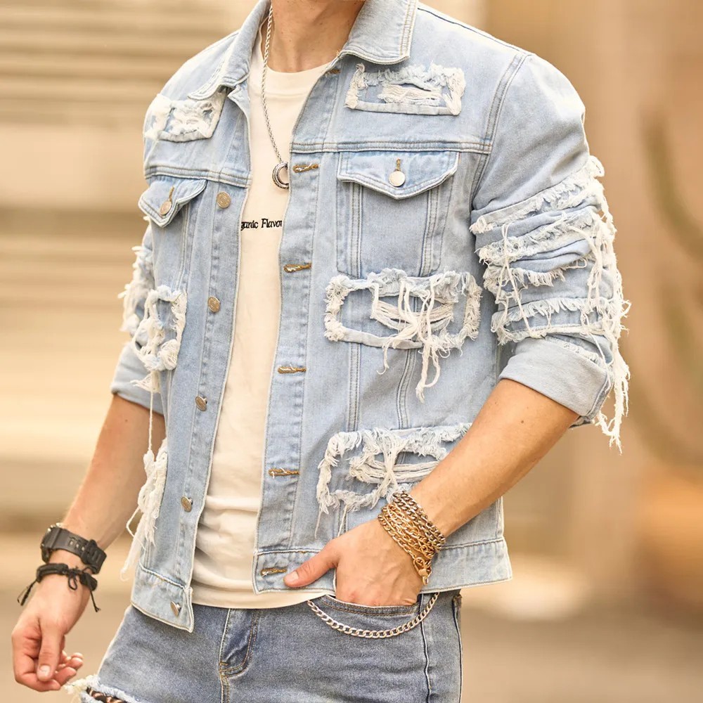 Men's Streetwear Distressed Denim Jacket Ripped Slim Fit Casual Jean Coat Blue