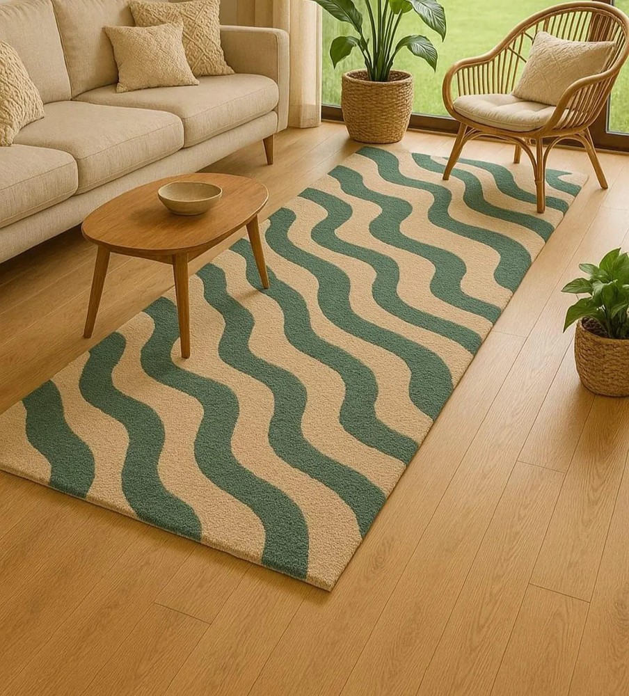 Hand-Tufted Wool Runner Rug: Beige & Teal Wavy Scandinavian Design
