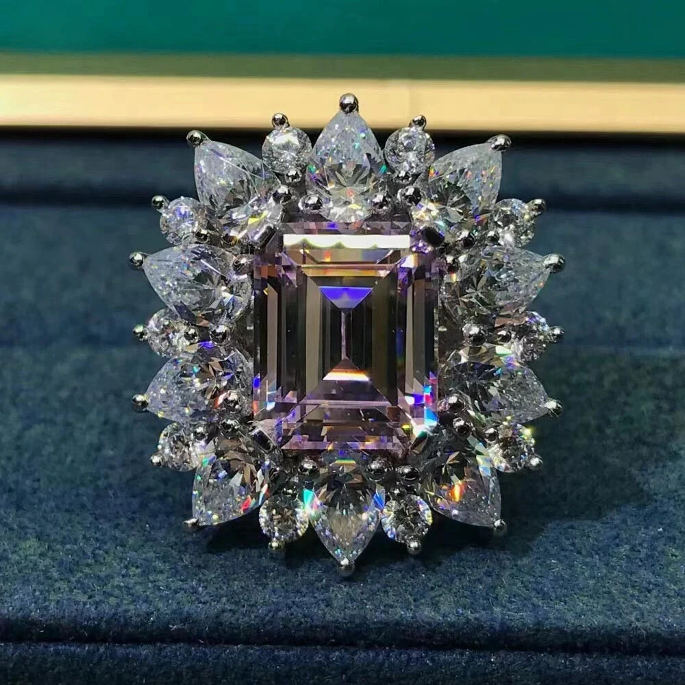 5 Carat Pink Emerald Cut Starburst Halo Moissanite 18K Rose Gold Ring