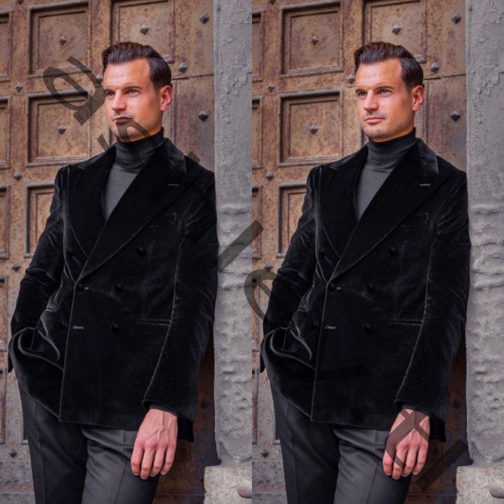Black Velvet Men Suits Wide Peak Lapel Leisure Wedding Groom Tuxedo Two Pieces