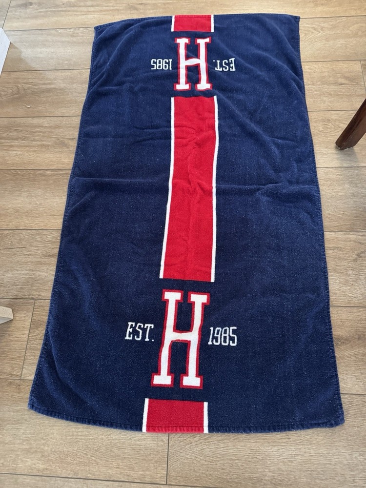1985 Tommy Hilfiger Blue White Red Stripe Terry Beach Towel 24x46 EUC