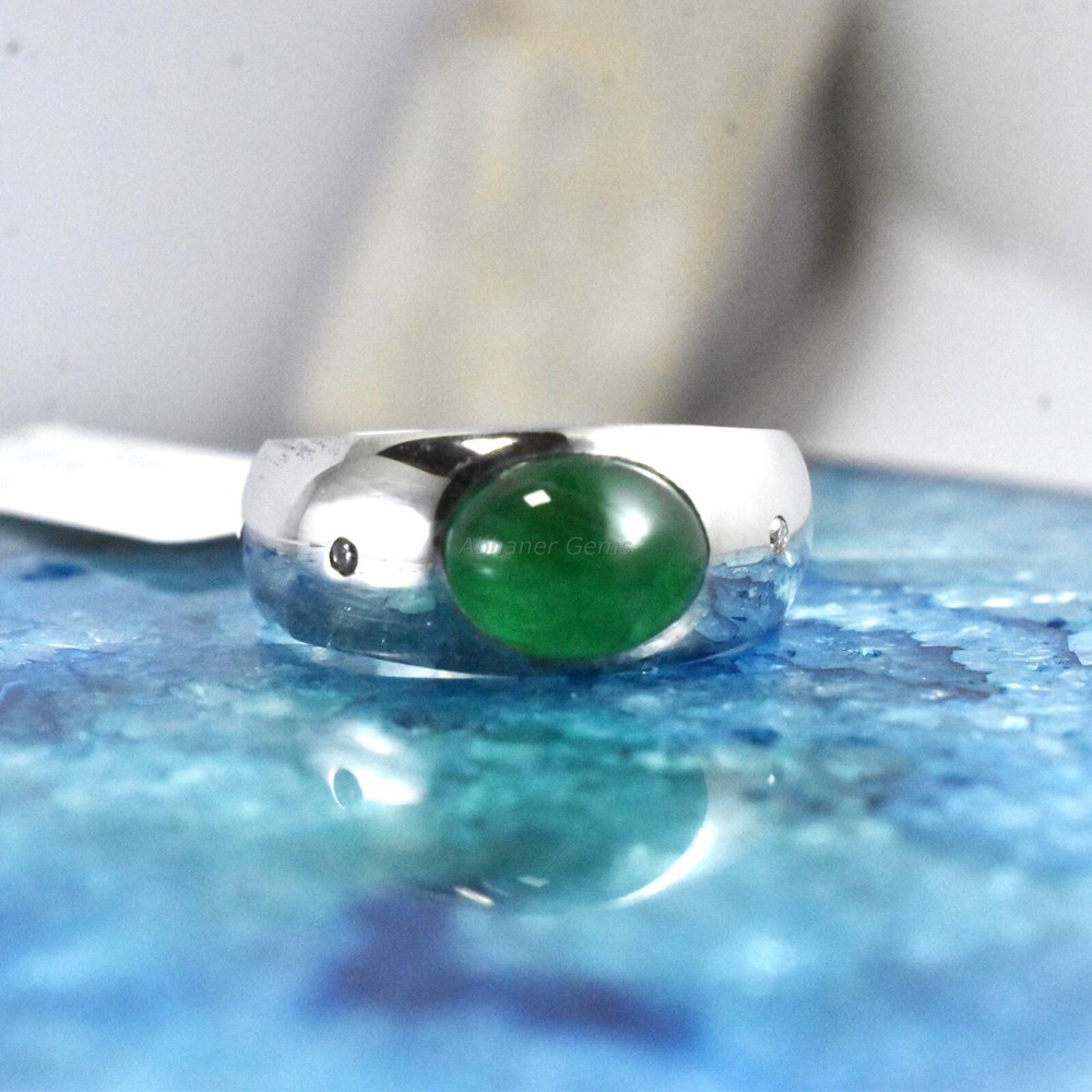 Emerald & Diamond Cabution Curve Bold Handmade Ring Vintage 100% Silver Ring