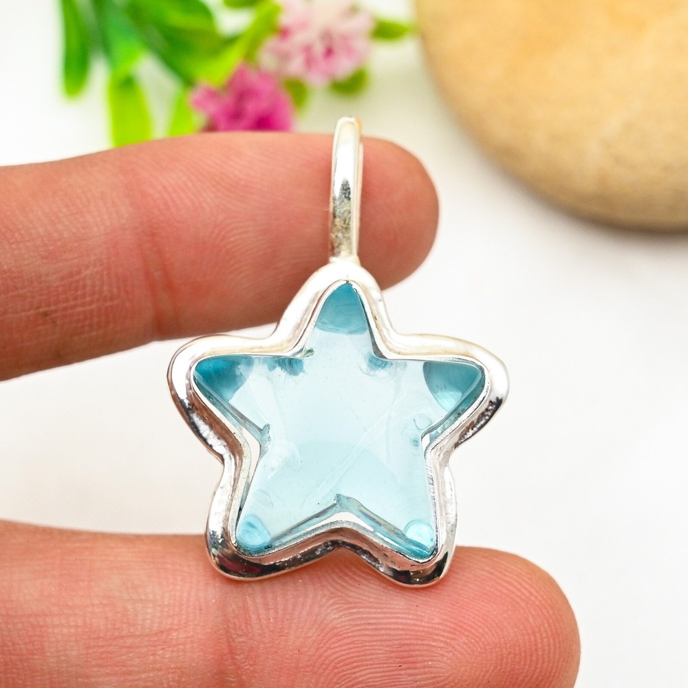 Swiss Blue Topaz Gemstone Star Pendant 925 Sterling Silver Handmade Jewelry Gift