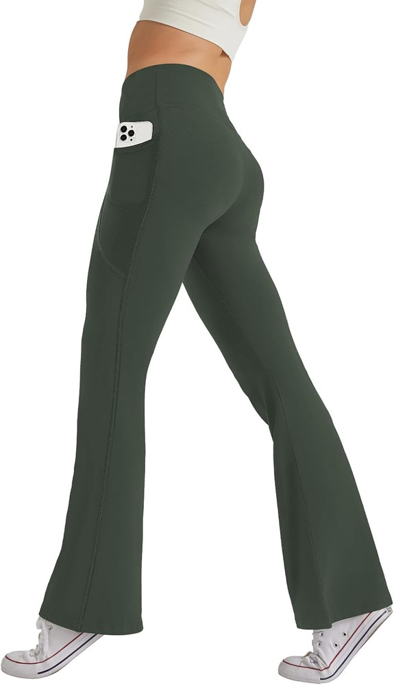 High Waist Flare Yoga Pants Womens Bootcut Leggings with Pockets Dark Green