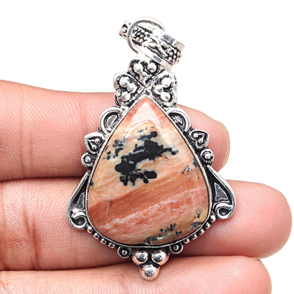 Dendritic Gemstone Silver Pendant Necklace for Valentine's Day 1.75 Inch