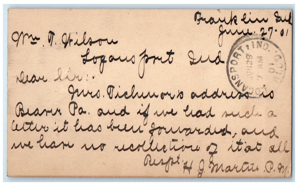 1901 Mr Wilson Franklin Indiana IN Logansport IN Antique Postal Card
