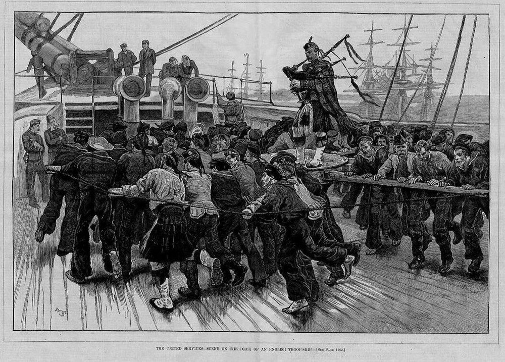 BAGPIPES SAILORS KILTS SHIPS DECK OF ENGLISH TROOP SHIP UNITED SERVICES NAUTICAL