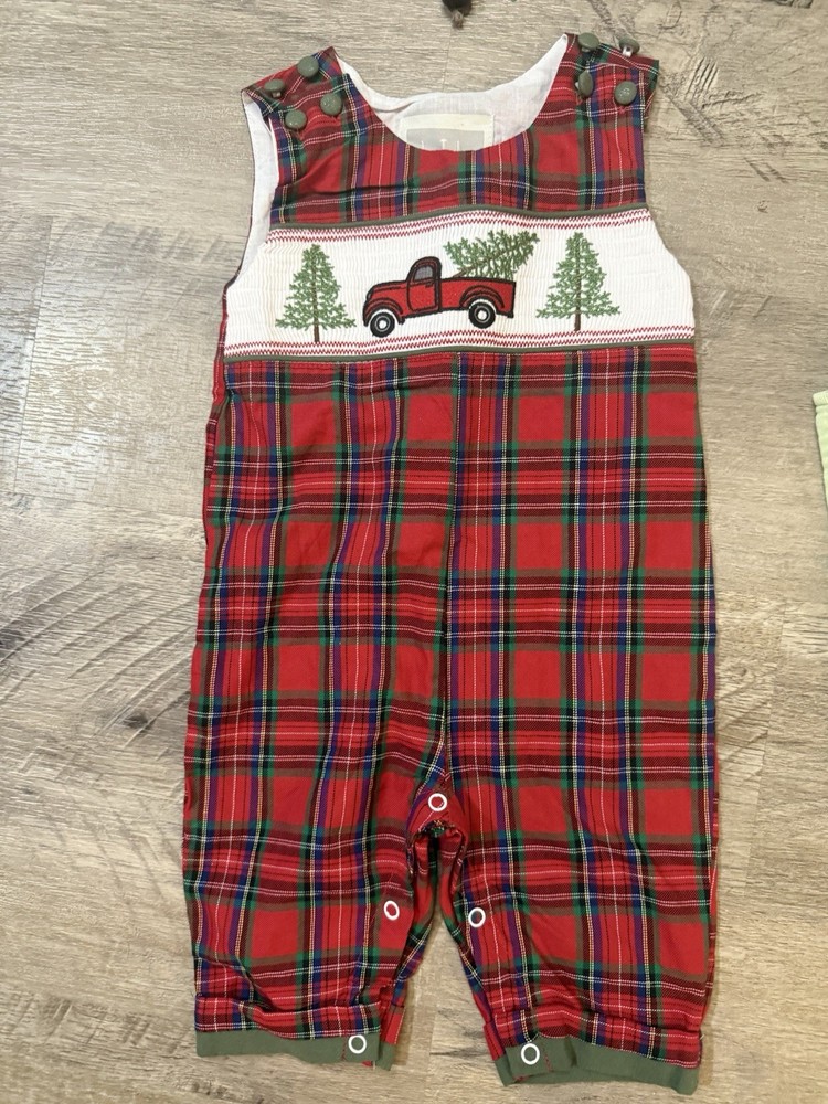 Lil Cactus Christmas Smocked Romper Plaid 3-6 months Red Truck Christmas Tree