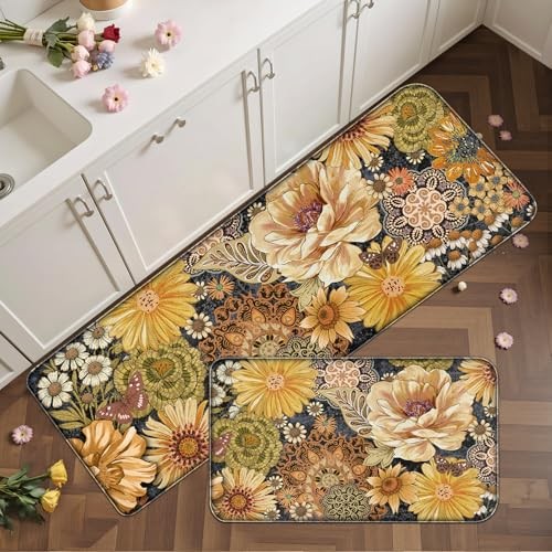 Boho Floral Kitchen Floor Mats 2PCS Anti Fatigue Cushioned Rugs