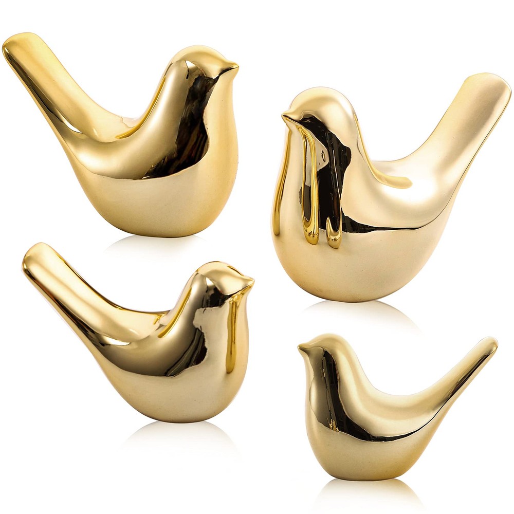 Set of 4 Gold Ceramic Bird Figurines for Home Shelf Decor