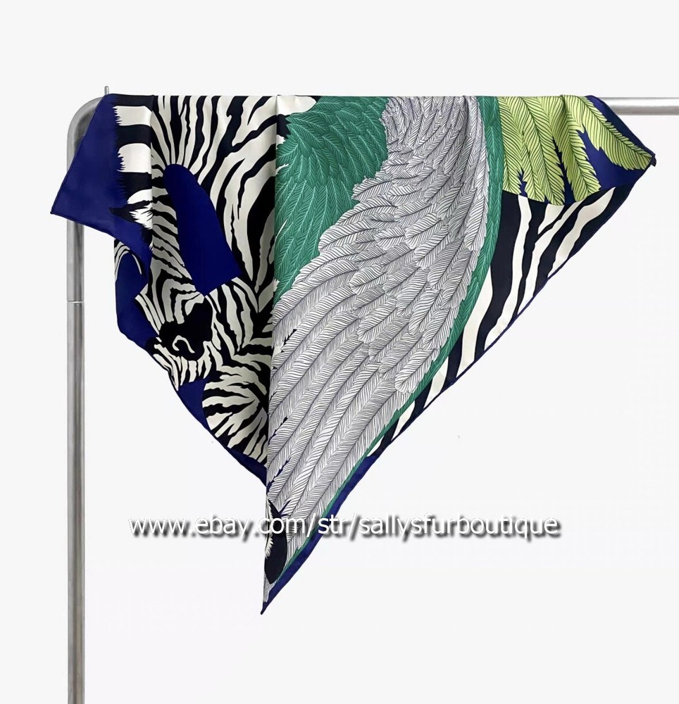 New 18 Momme Twill Silk Wrap Scarf Feather Zebra Print Double Face Shawl 35