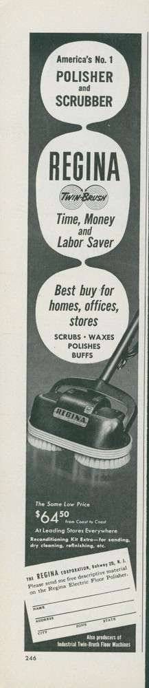 1951 Regina Polisher Scrubber Floor Twin Brush Labor Saver Vintage Print Ad BH1