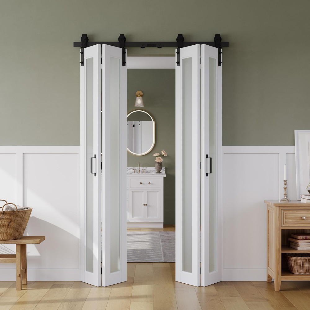 48-Inch x 84-Inch Bifold Sliding Barn Door with Tempered Frosted Glass Panel