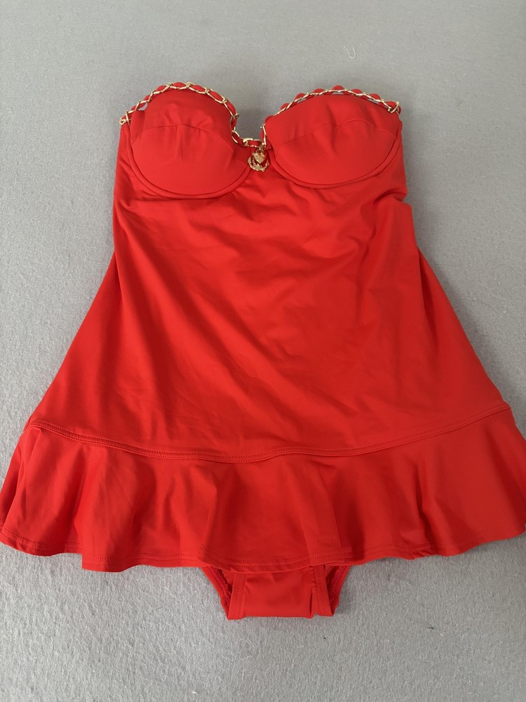 Juicy Couture Swim Dress Womens Small Red Chain Strap Ruffle Skirt One Piece NWT