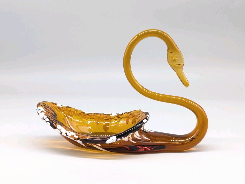 Amber Blown Glass 8 Inch Swan Trinket Dish Candy Bowl Home Decor