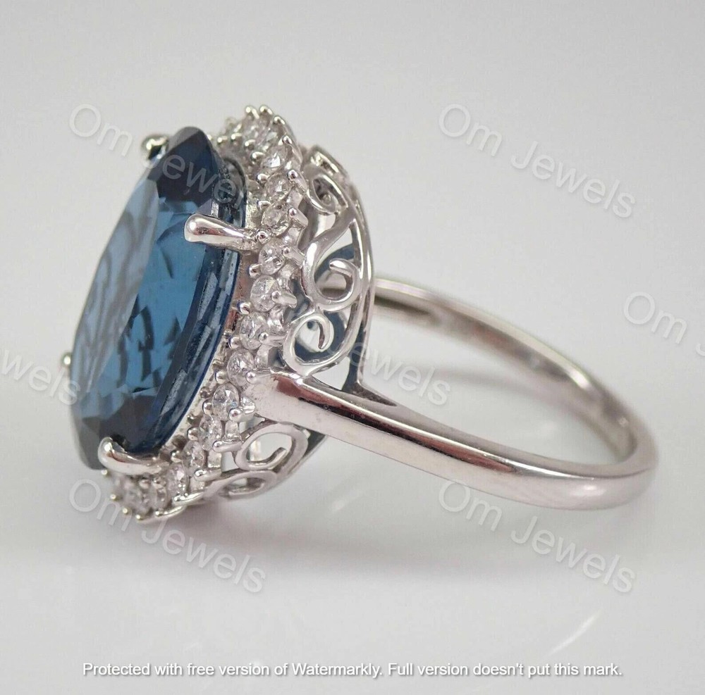 4Ct Oval Cut London Blue Topaz Diamond Halo Engagement Ring 14K White Gold Over