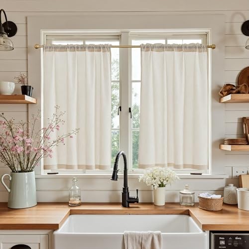 Beige Linen Kitchen Curtains 24 Inch 2-Pack Rod Pocket 26W x 24L Crude