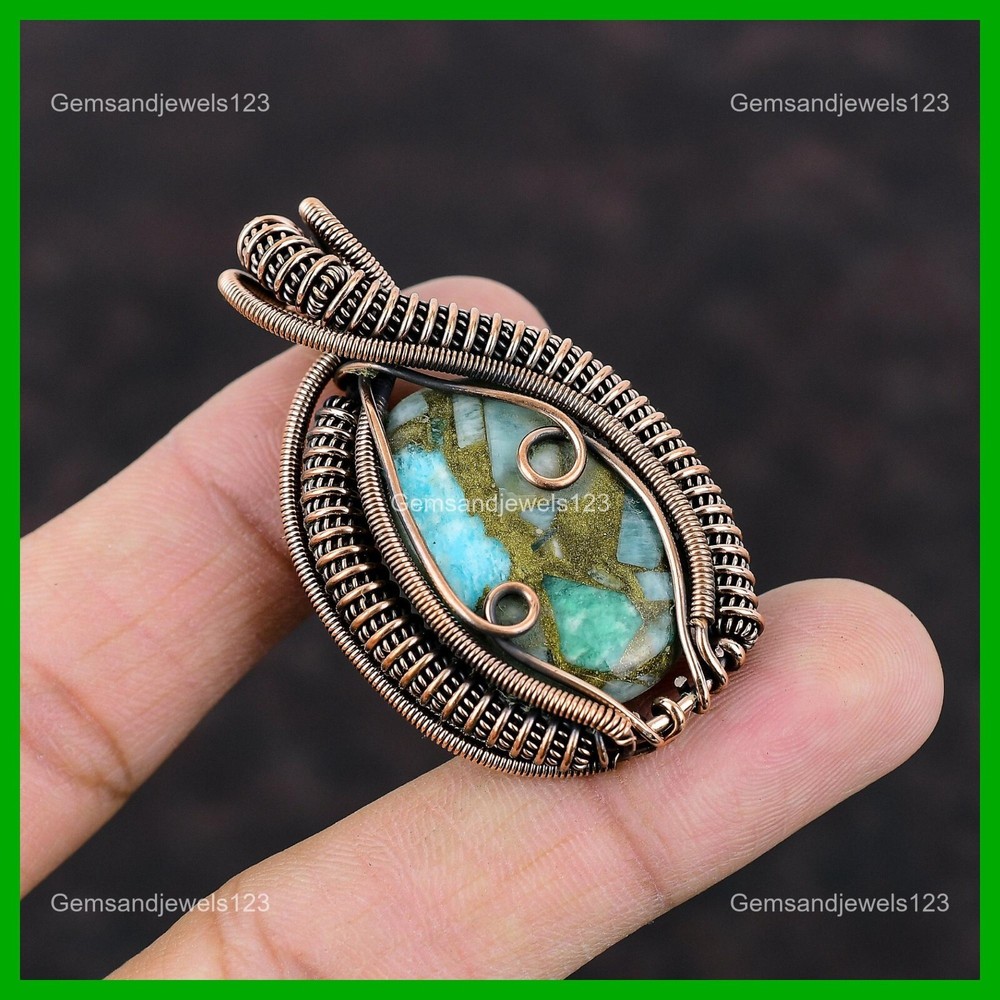 Mother's Day Special Oval Copper Amazonite Wire-Wrapped Pendant Gift for Wife