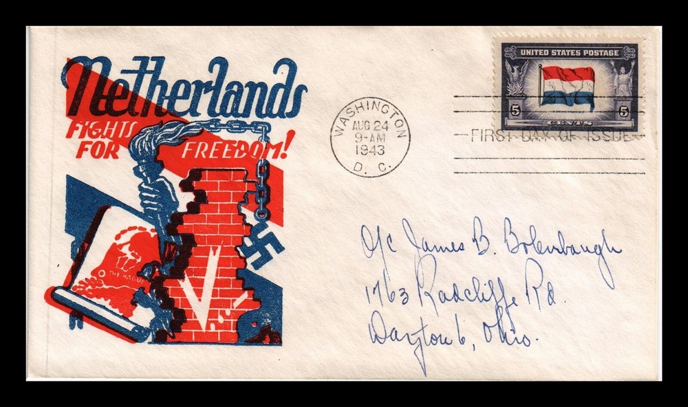 DR JIM STAMPS US Netherlands Overrun Countries FDC Scott 913 Cachet Craft Cover