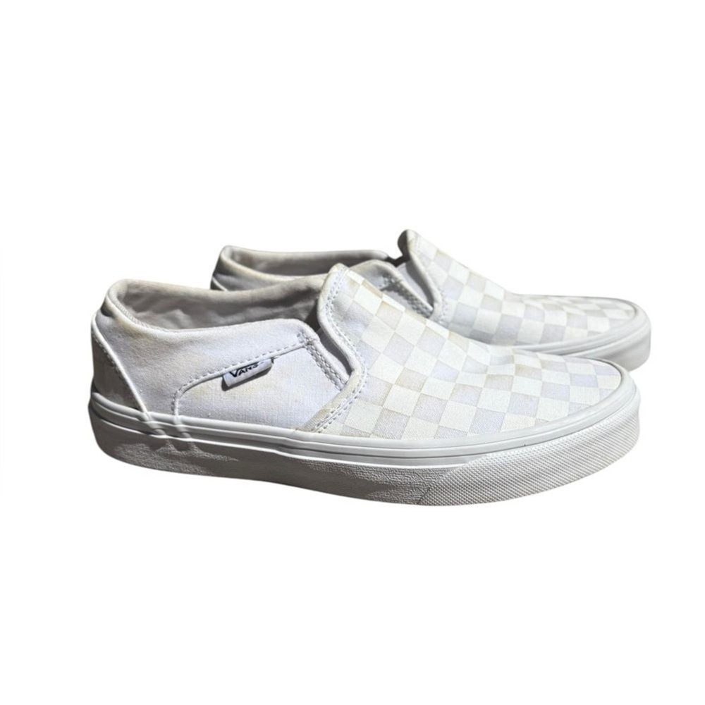 Vans Slip On Shoes Checkboard Print White and Beige Womens Size 6.5