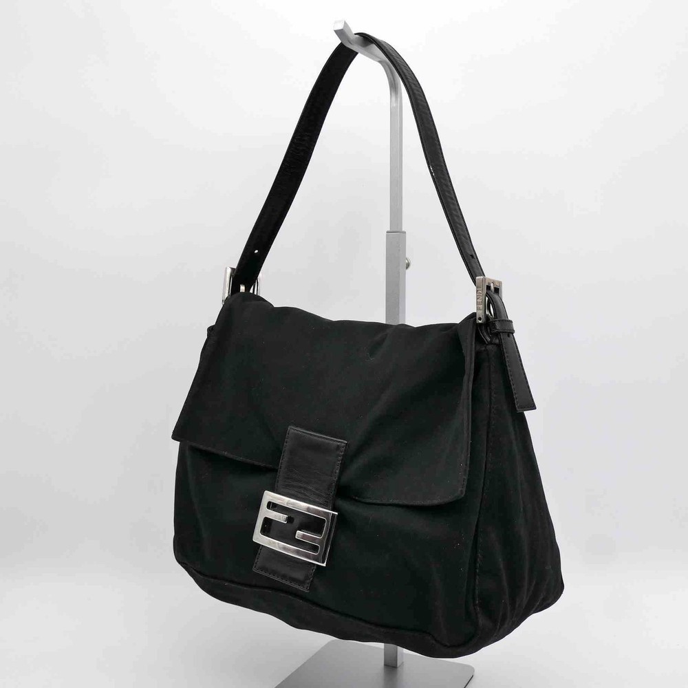 FENDI Mamma Baguette Shoulder bag FF Logo Handbag Black Cotton Leather Auth 686