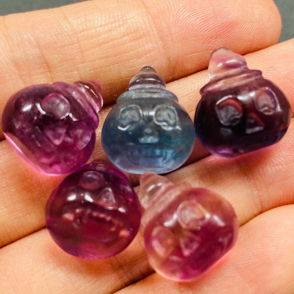 Natural Colorful Fluorite Quartz Mini Skull Hand Carved Healing Crystal Set 5pc