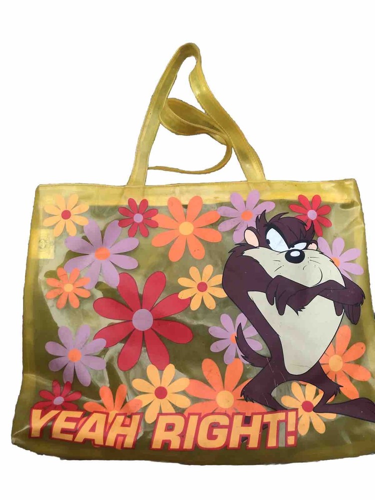 Vintage Y2K Looney Tunes Taz Yellow Tote Bag with Flowers Design