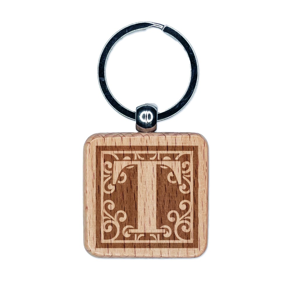 Monogram Swirls Capital Letter T Engraved Wood Square Keychain Tag Charm