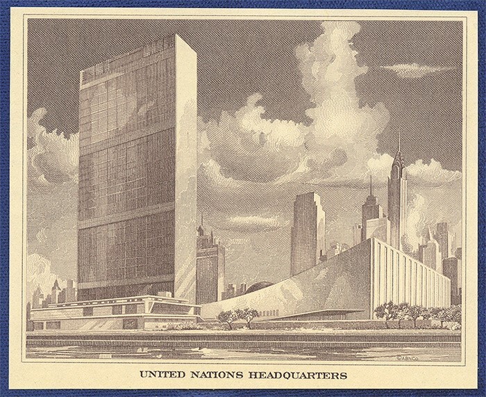 VINTAGE AMERICAN BANK NOTE Co. ENGRAVING: UNITED NATIONS HEADQUARTERS NY