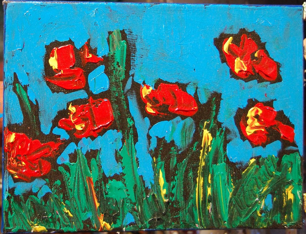 RED POPPIES ABSTRACT   by Mark Kazav   CANVAS Original Oil Painting no reserve!