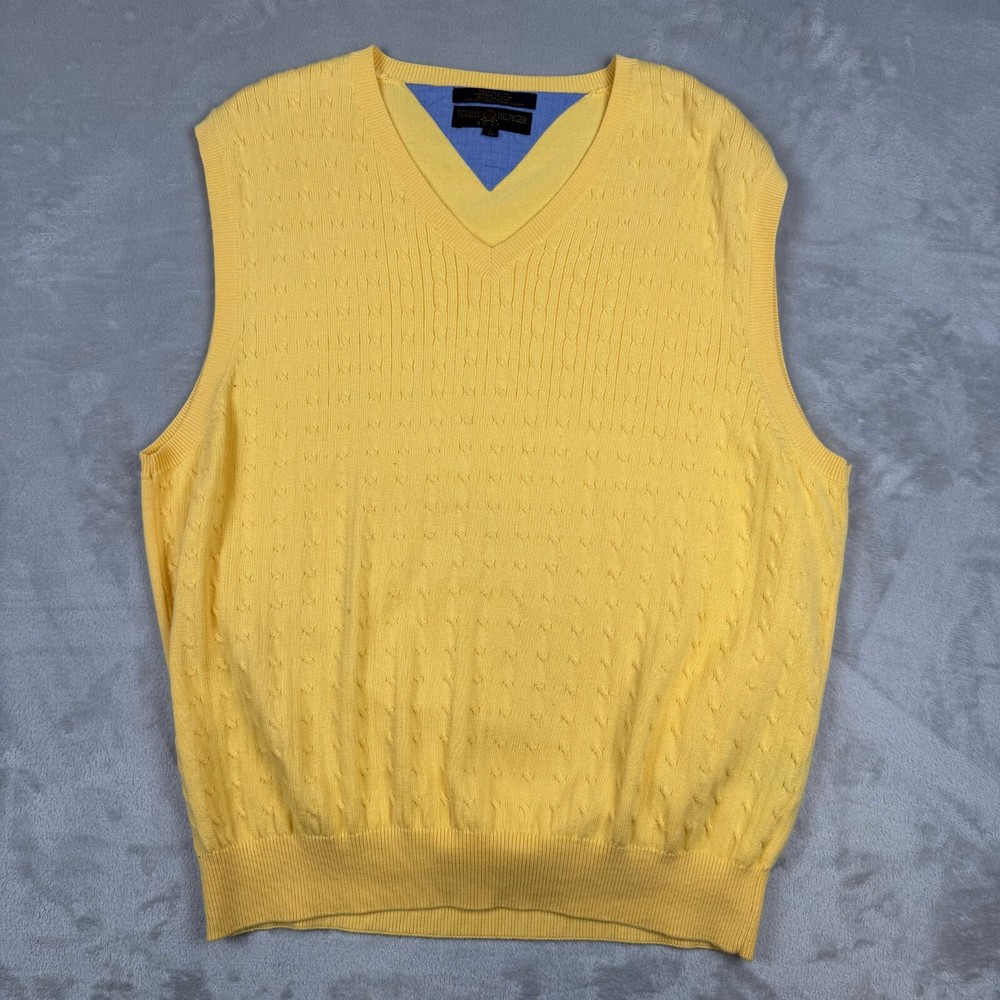 Vintage 90s Tommy Hilfiger Golf Mens L Yellow Cable Knit Sweater Vest V Neck