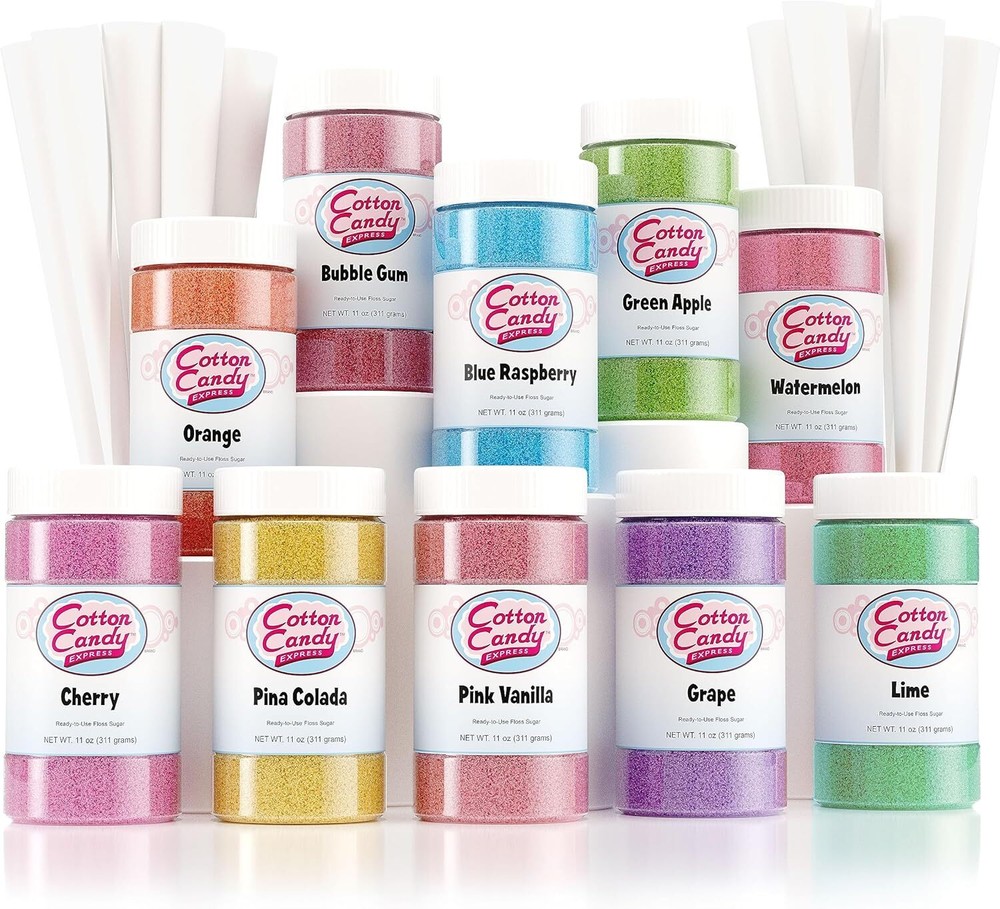 Floss Sugar and Cones Variety Pack with 10 - 11oz Plastic Jars of Assorted ...