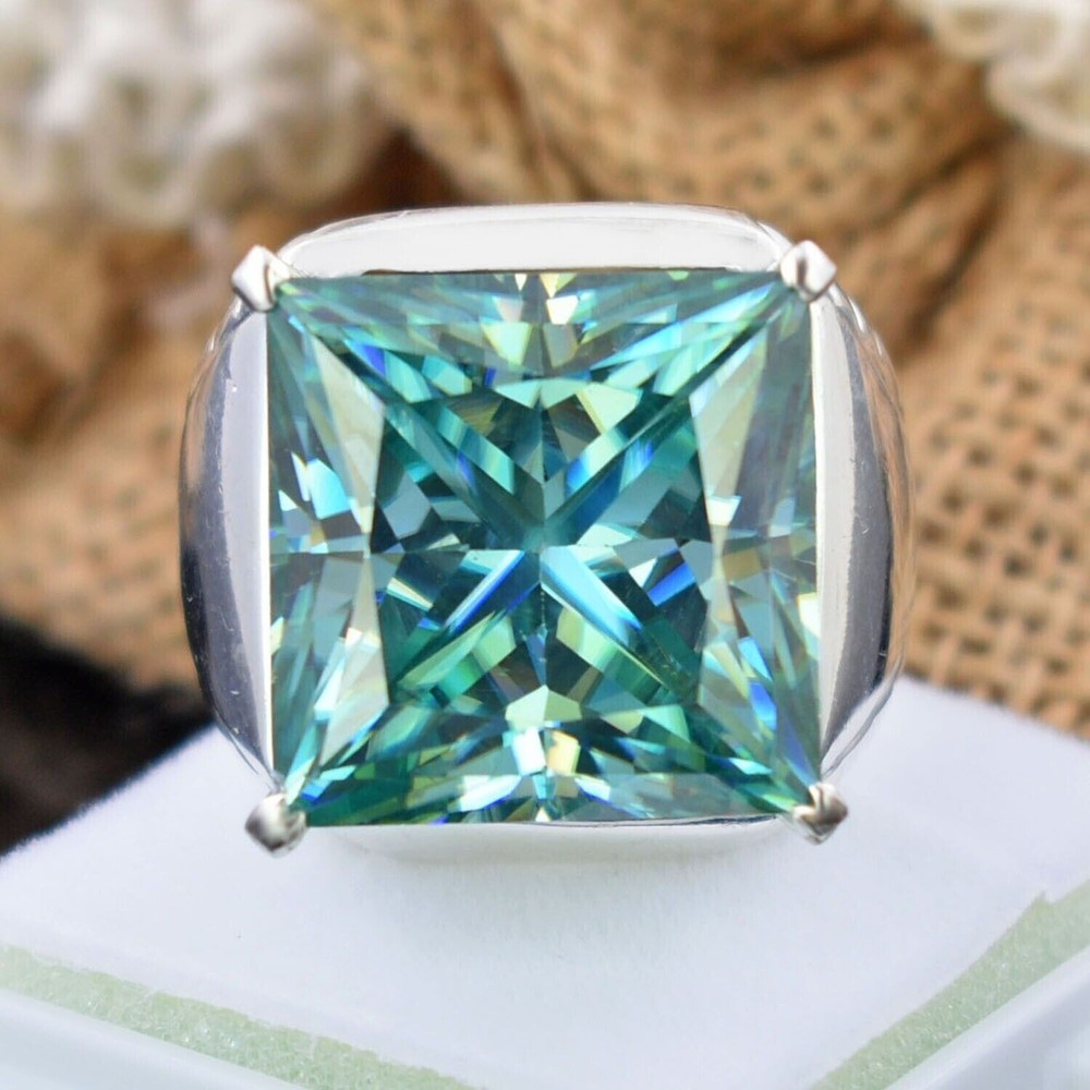 RARE 30.10 Ct Princess Cut Certified Treated Blue Diamond Ring, 925 Silver !