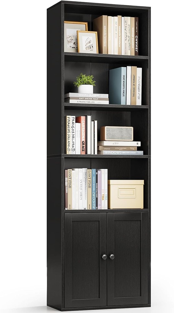 Bookshelf and Bookcase with Doors, Floor Standing 6-Tier Shelf
