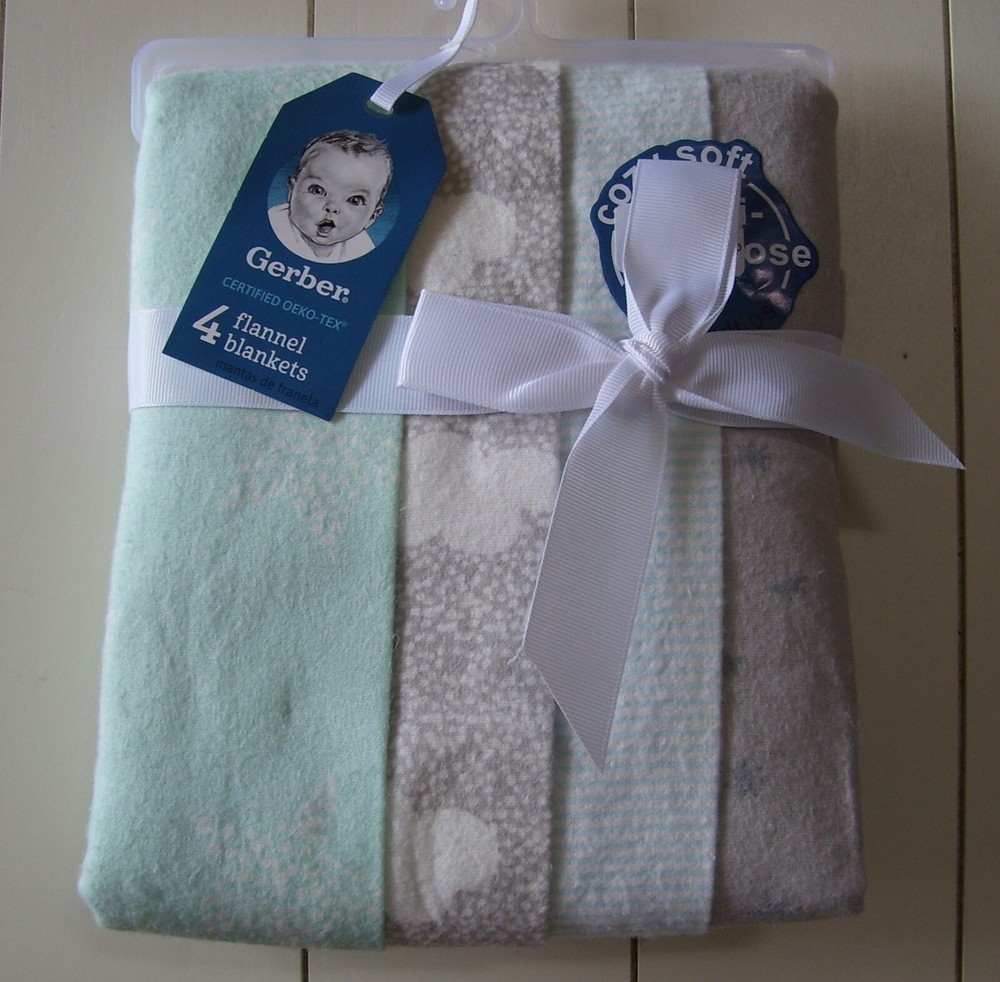 Gerber 4 Pc Green Gray Star Cloud Multipurpose Flannel Receiving Blankets