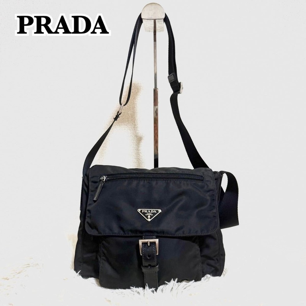 RARE PRADA Black Shoulder Bag with Logo Plate in Excellent Condition