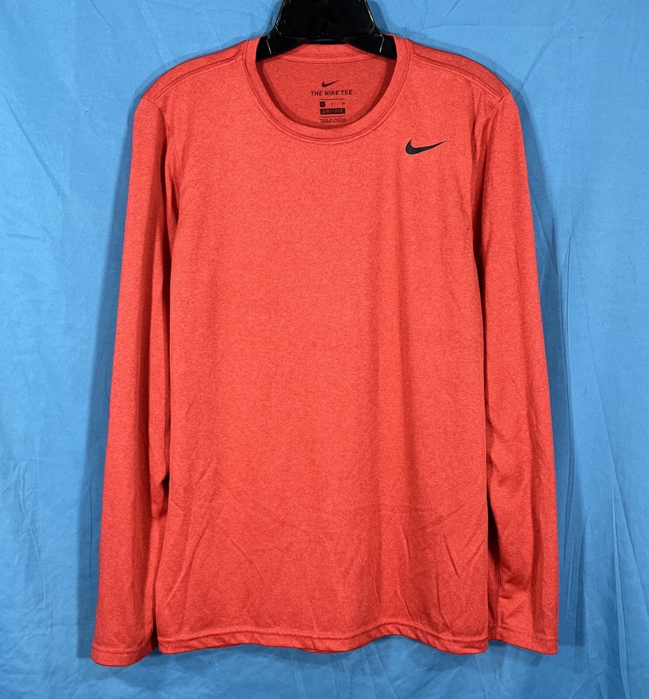 THE NIKE TEE Dri-Fit ATHLETIC Red JERSEY KNIT Swoosh Logo LONG SLEEVE T-Shirt S