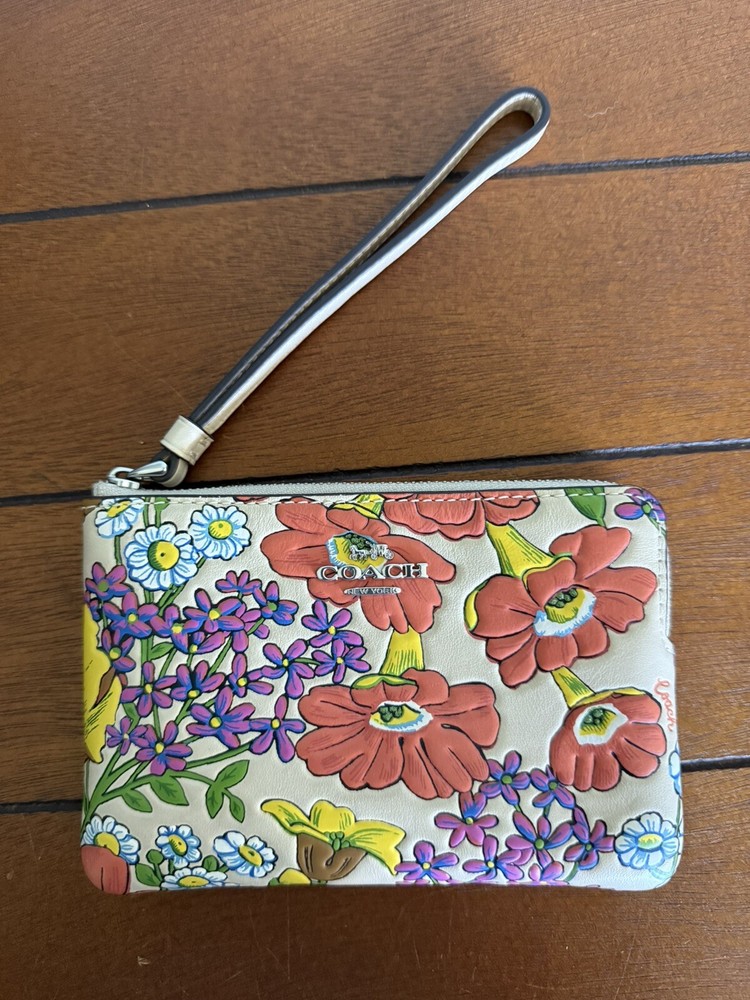 Coach Floral Embossed Leather Zip Wristlet with Corner Detail