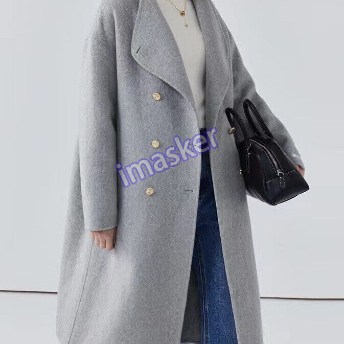 Women Korean Stand-up Collar Loose Double-breasted Long Wool Coat Jacket Outwear