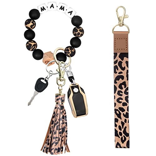 Silicone Mama Black Leopard Keychain Bracelet with Lanyard  