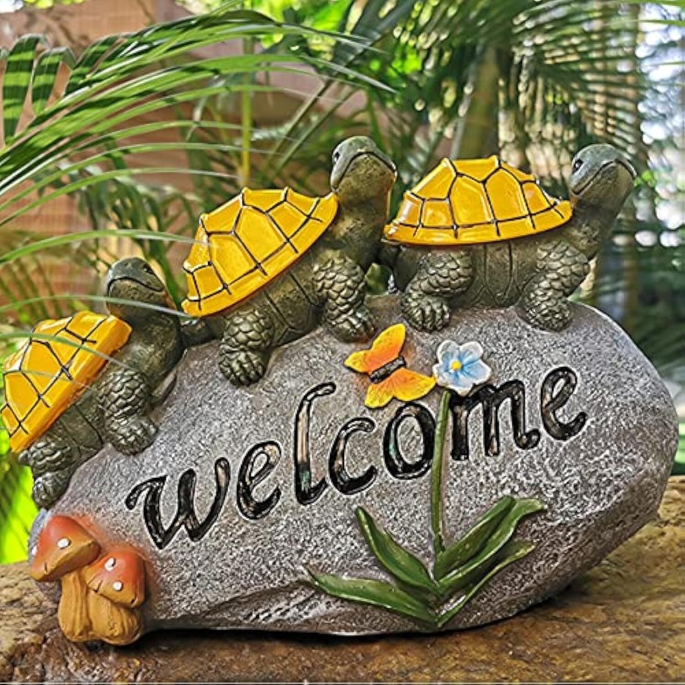 Solar Garden Statue Turtle Outdoor Lights -Welcome Turtles on a Rock Solar Po...