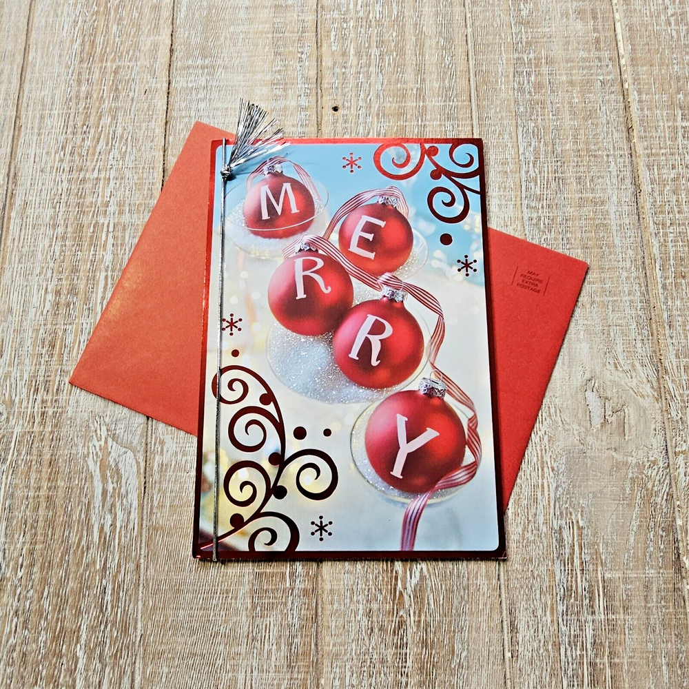 Festive 6x8 Christmas Card with Red Ornaments Silver Ribbon Foil Detail