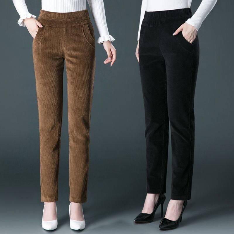Women Casual Pants Fleece Lined Autumn Winter Corduroy Trousers Straight Fashion