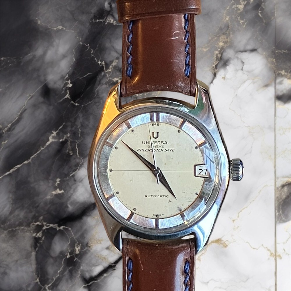 Universal Geneve Polerouter Auto Date ST 35mm case Cream Index dial Strap 1960