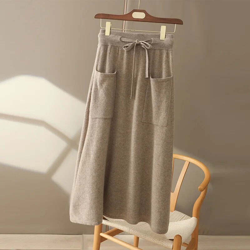 Autumn Winter100% Pure Wool Skirt Women's Long Pocket Skirt High Waist Skirt