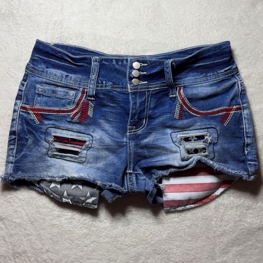 Y2K Flamingals Women’s Blue Denim Shorts Red/White Stars And Stripes Size XS