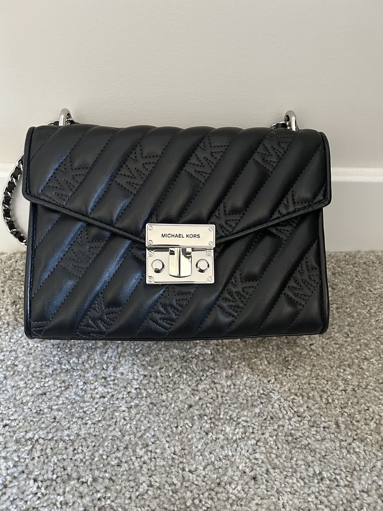Michael Kors SoHo Large Quilted Black and Silver Leather Shoulder Bag