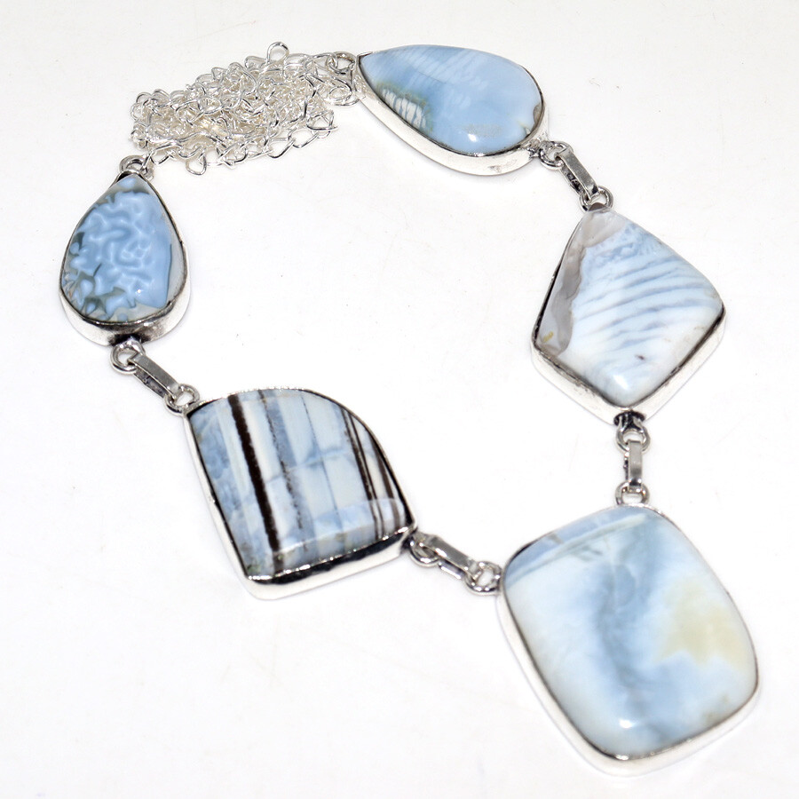 925 Silver Plated Owhyee Blue Opal Ethnic Necklace Jewelry Size 18