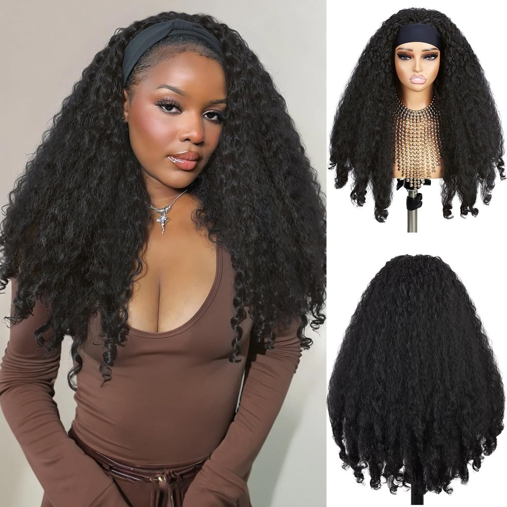 Yaki Curly Headband Wigs for Black Women New Afro Curly Synthetic Braided Hai...