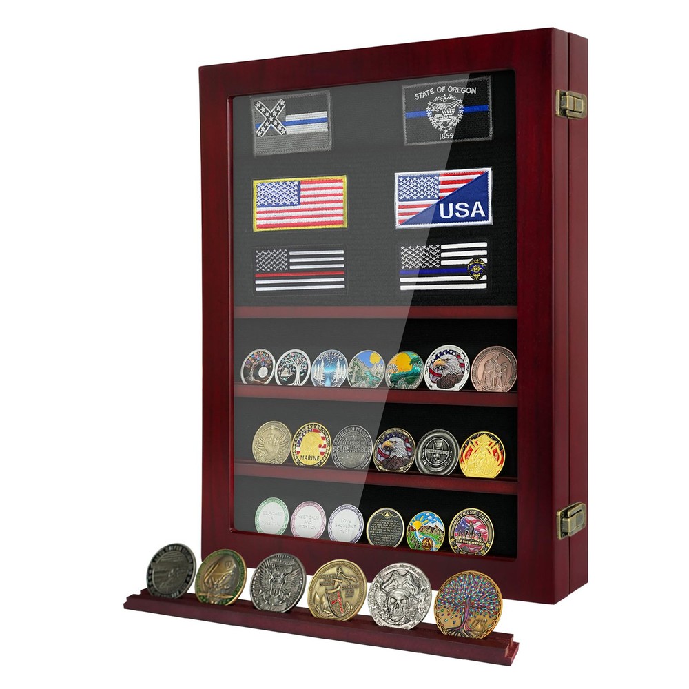 Military Challenge Coin Display Case Holder, Lockable Wooden Army Coins Displ...